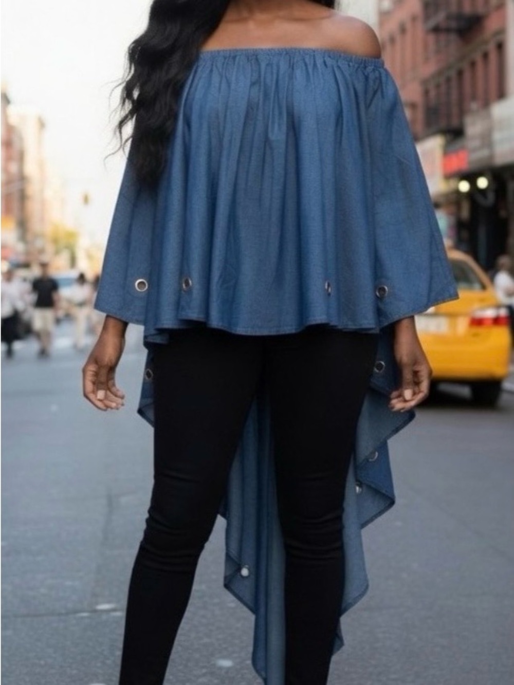 Women's Off-Shoulder High-Low Denim Top - Blue